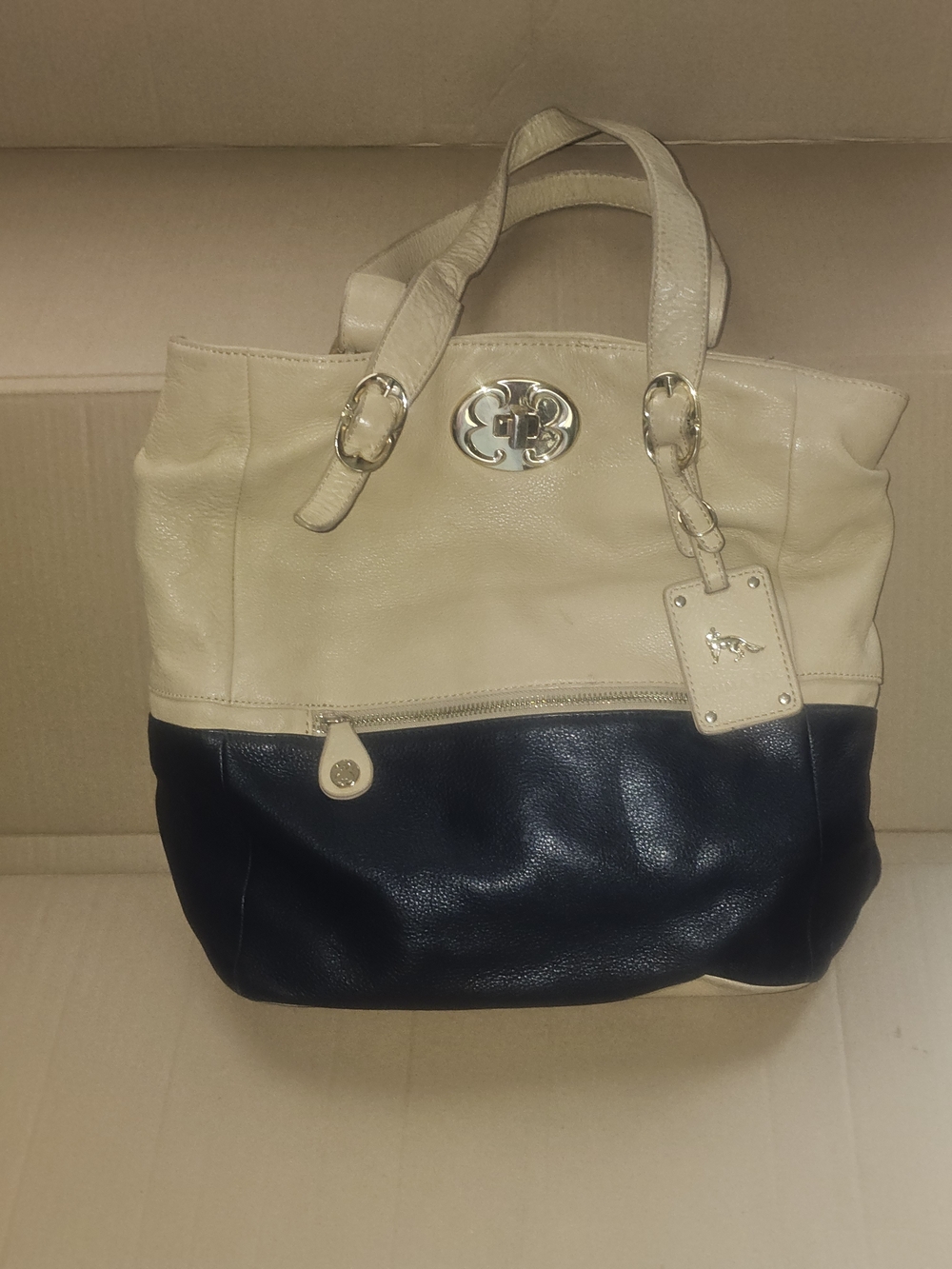 Two-Tone Beige and Black Leather Tote Bag